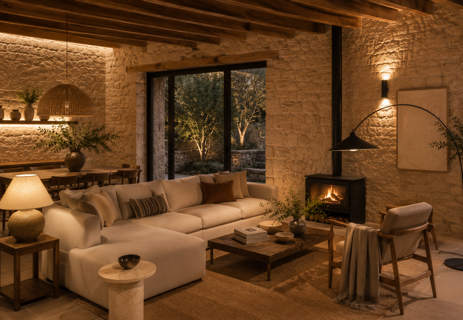 Salón de casa rústica con iluminación cálida, apliques de pared, lámparas decorativas y muros de piedra iluminados
