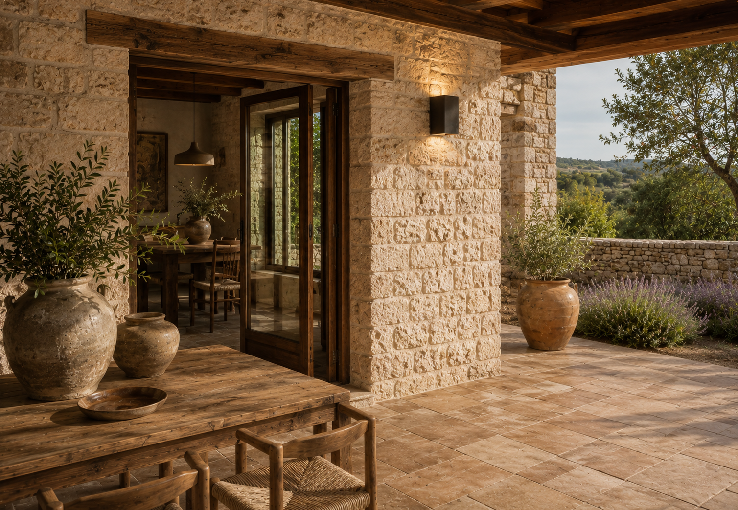 Salón de casa rústica decorado en tonos piedra, arena, terracota y verde oliva con madera y materiales naturales