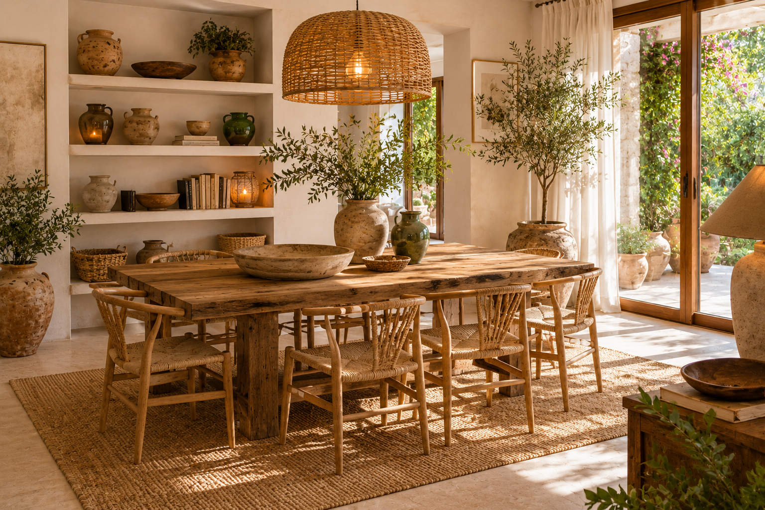 Comedor de estilo mallorquín con mesa de madera maciza, sillas de fibras naturales, cerámica artesanal y decoración inspirada en el Mediterráneo.