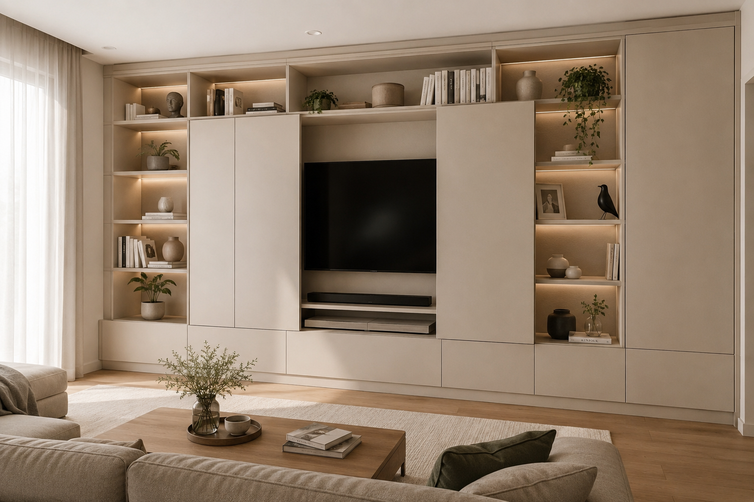 Salón contemporáneo con televisión integrada en un mueble a medida de pared a pared con estanterías decorativas y frentes lisos.