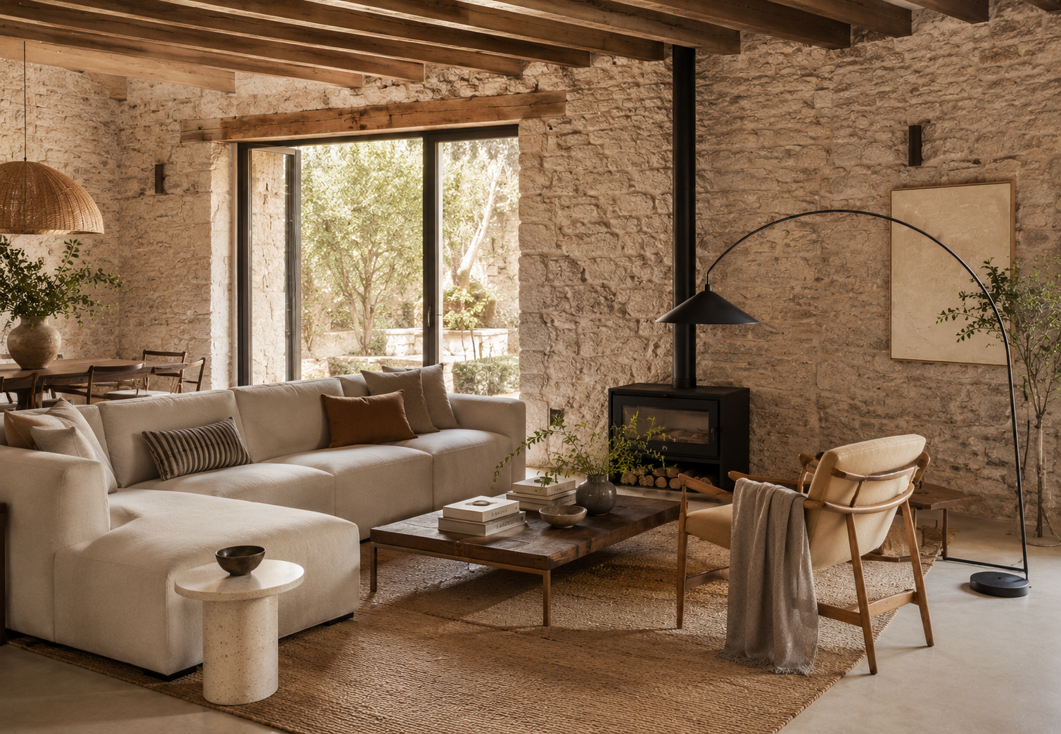 Salón de casa rústica con muros de piedra, vigas de madera y mobiliario contemporáneo de líneas sencillas