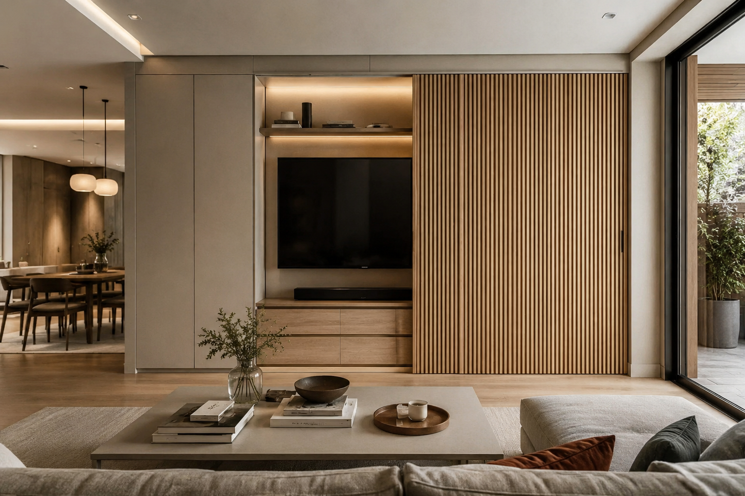 Salón moderno con televisión oculta mediante paneles correderos de lamas de madera integrados en un mueble a medida.