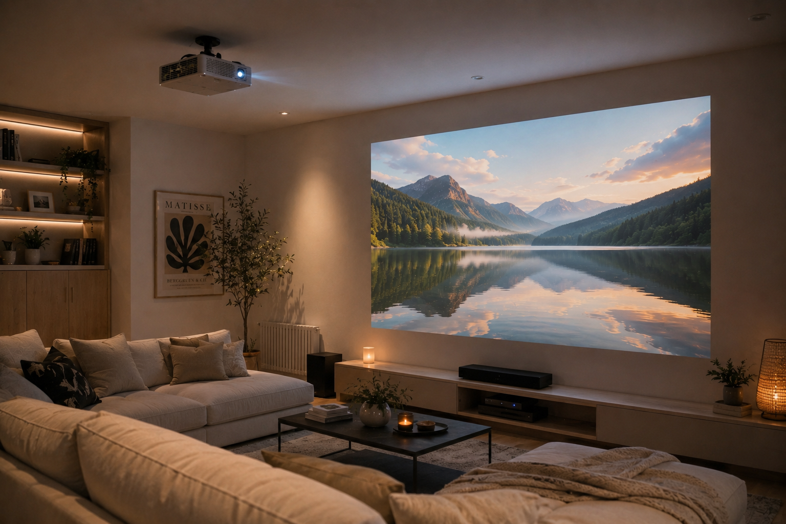 Salón moderno con proyector doméstico mostrando un paisaje natural sobre la pared en lugar de una televisión convencional.