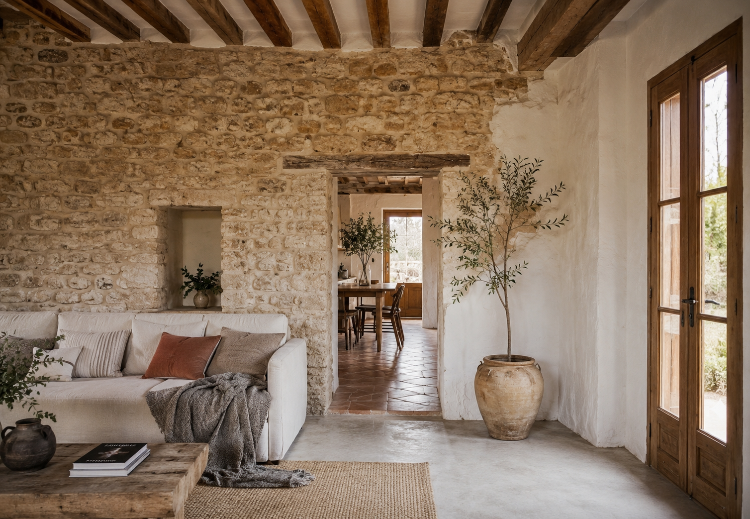 Salón de casa rústica rehabilitada con muros de piedra original, vigas de madera vistas y carpinterías restauradas