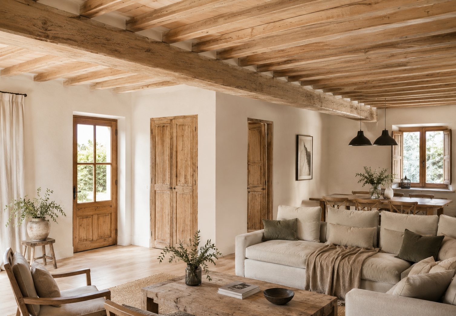 Salón de casa rústica con vigas de madera aclaradas, carpinterías restauradas y paredes claras que potencian la luz natural