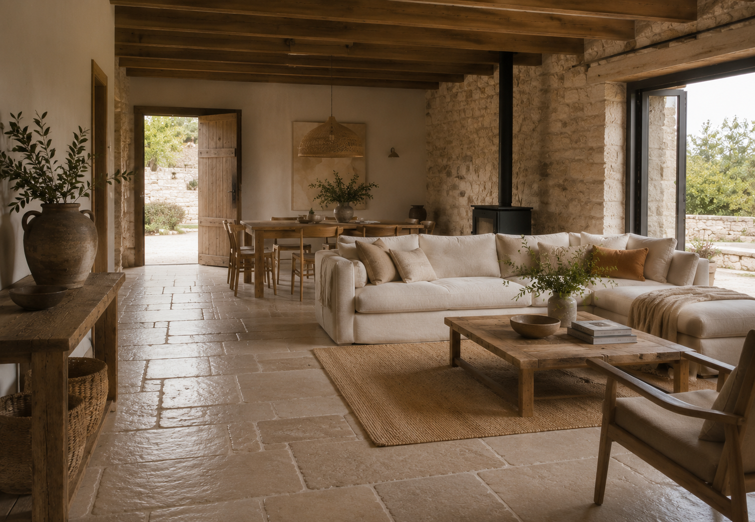 Salón de casa rústica con suelo de piedra natural, muros de piedra vista y vigas de madera originales