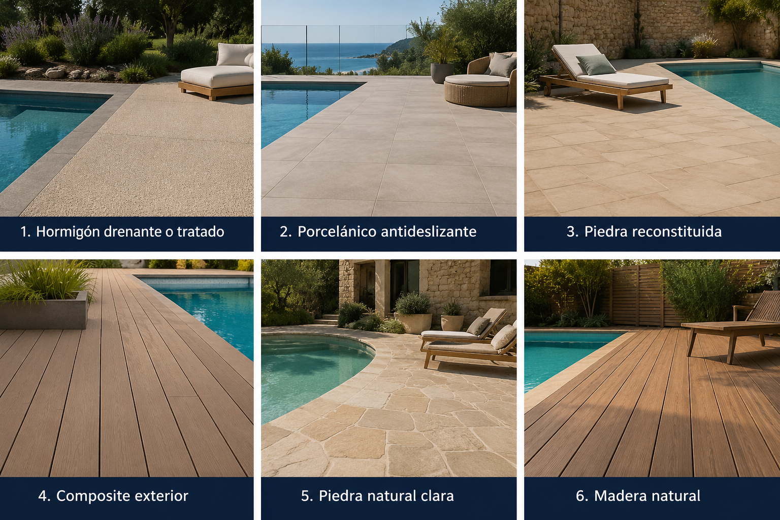 Comparativa de suelos para terrazas y piscinas con ejemplos de hormigón drenante, porcelánico antideslizante, piedra reconstituida, composite exterior, piedra natural clara y madera natural junto a piscinas.