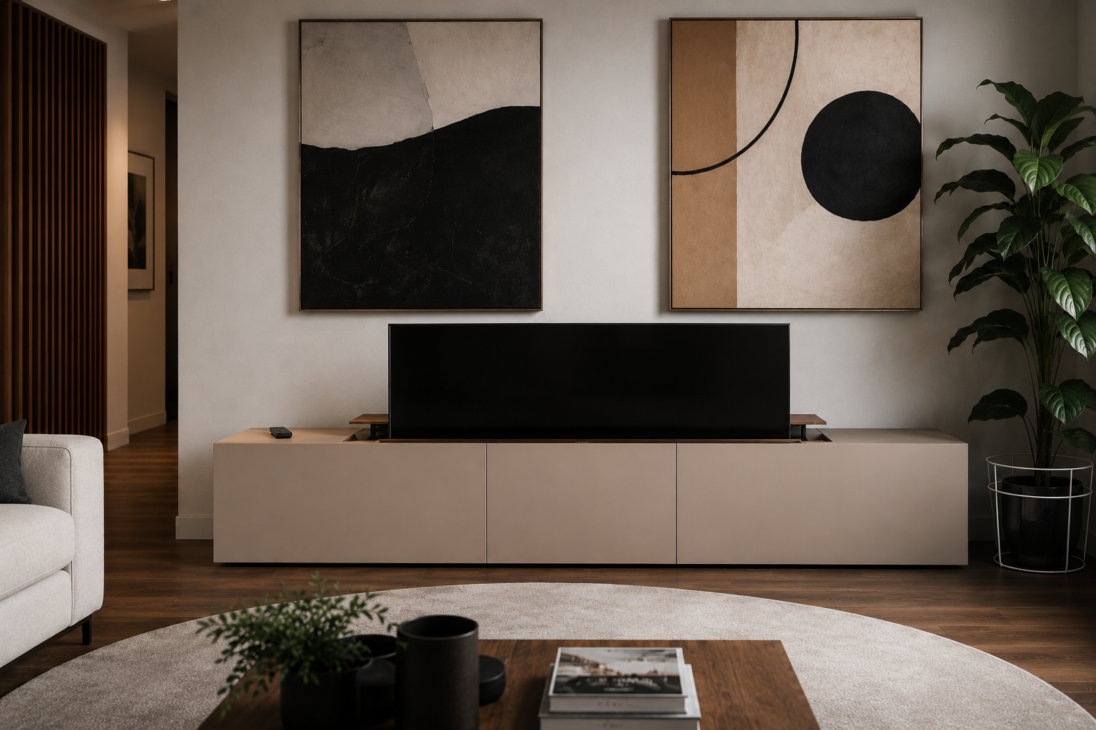 Televisión elevable emergiendo desde el interior de un mueble de salón de diseño minimalista con sistema motorizado oculto.