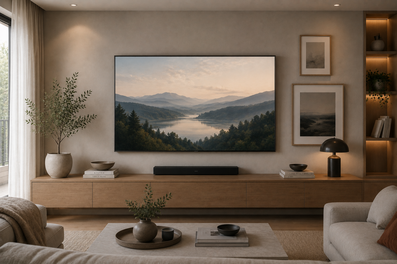 Televisión con modo arte mostrando un paisaje digital de montaña integrado en la decoración de un salón moderno y elegante.
