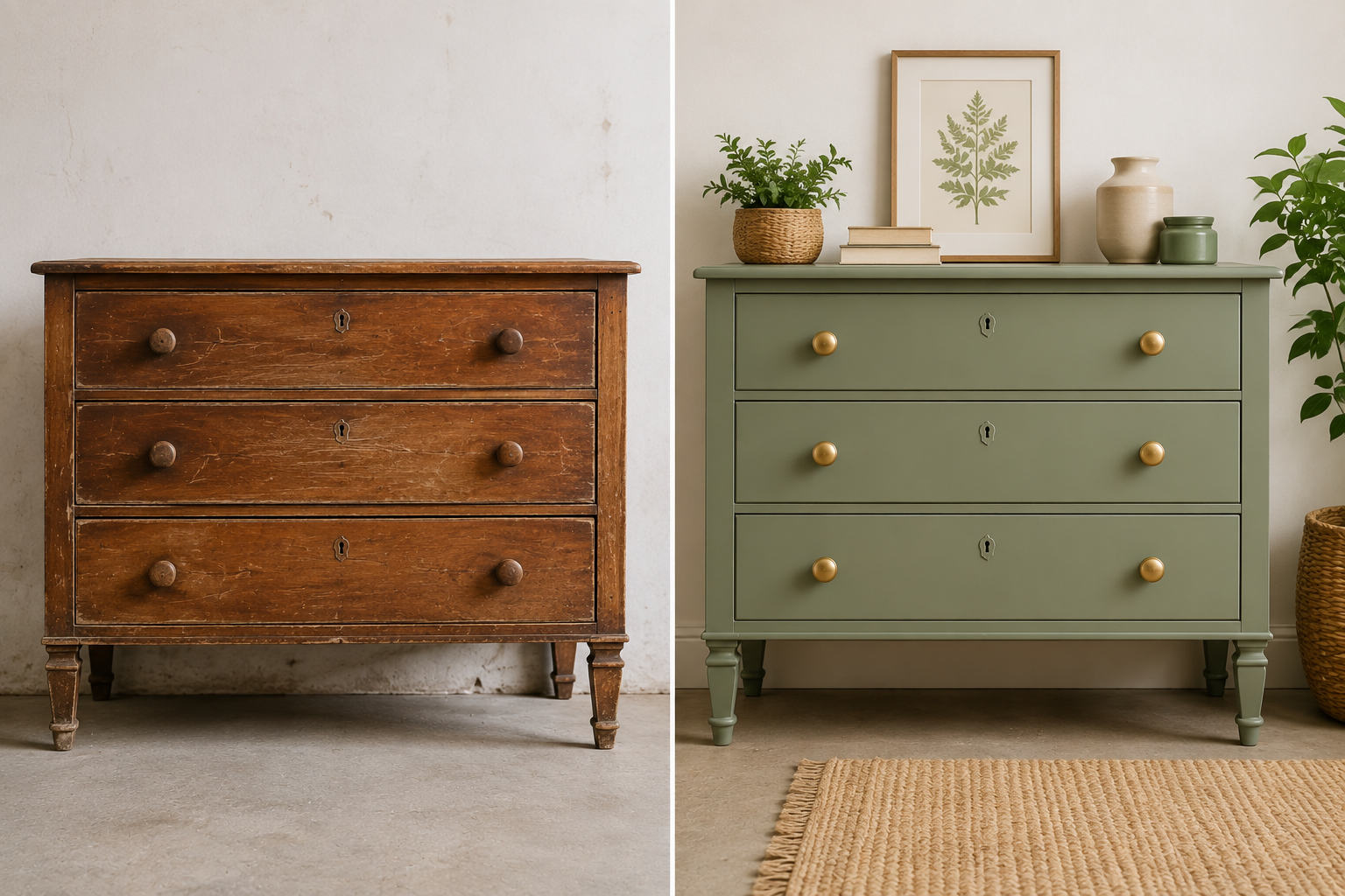 Antes y después de una cómoda antigua restaurada con la tendencia upcycling y pintada en color verde salvia