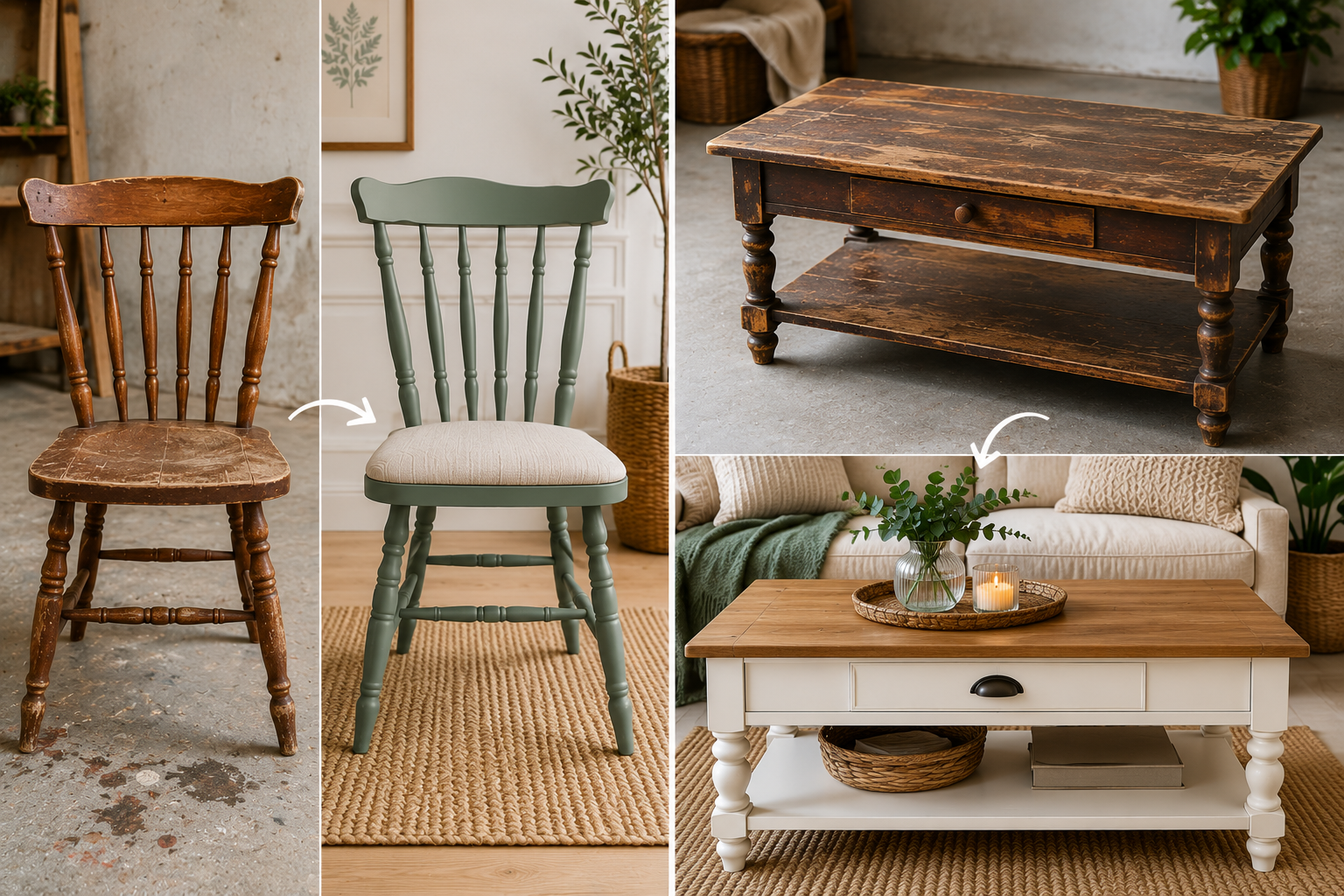 Antes y después de una silla antigua y una mesa de centro restauradas mediante la tendencia upcycling
