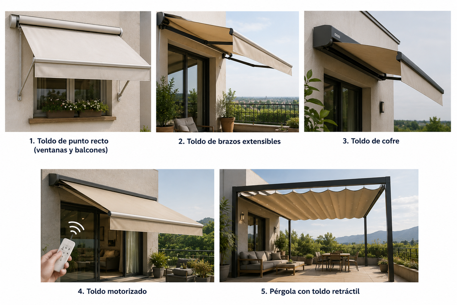 Tipos de toldos para balcón, terraza y jardín: toldo de punto recto, brazos extensibles, cofre, motorizado y pérgola retráctil.