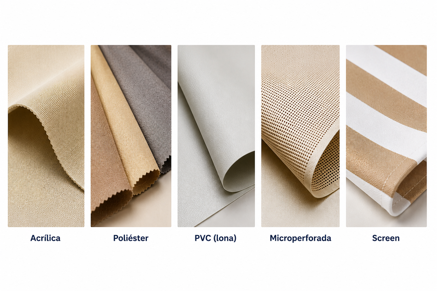 Tipos de telas para toldos de exterior: acrílica, poliéster, PVC, microperforada y screen.