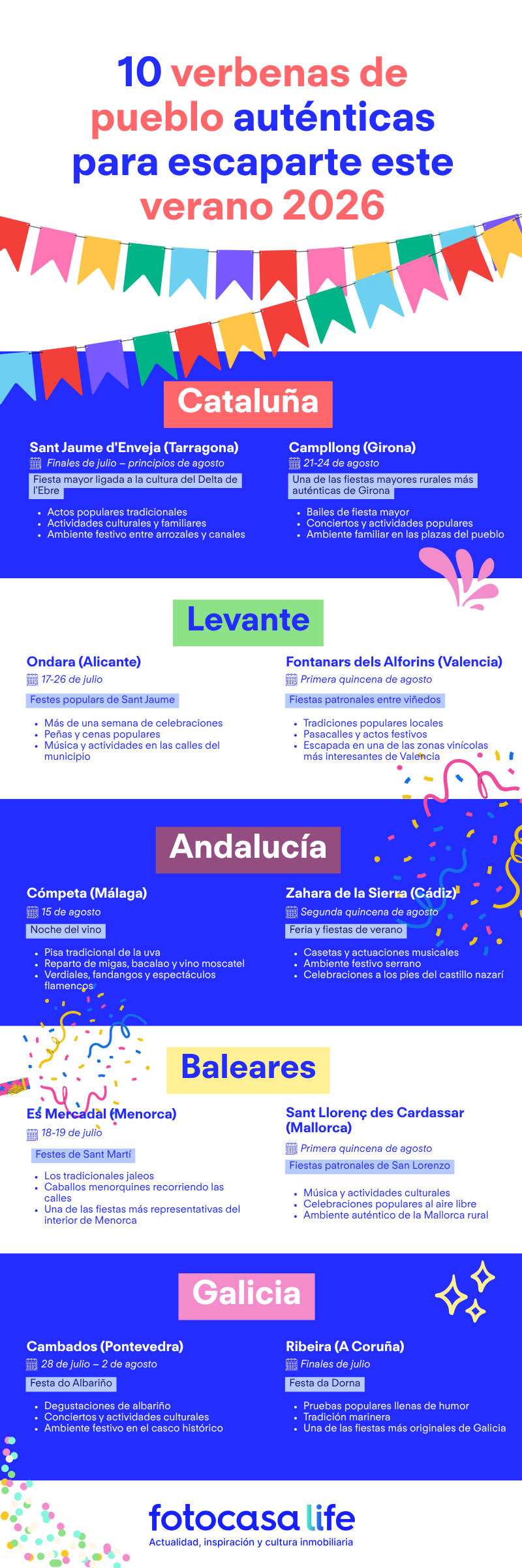 Infografía con 10 verbenas de pueblo auténticas en España para el verano de 2026, incluyendo Ondara, Campllong, Cómpeta, Es Mercadal, Cambados y Ribeira.