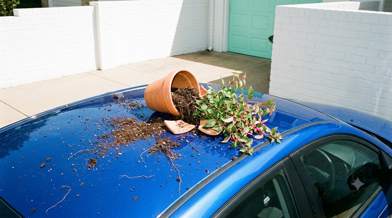 Coberturas del seguro de hogar que no todo el mundo conoce: desde cambiar la cerradura hasta eliminar una plaga de cucarachas - Fotocasa Life Una maceta cae encima de un coche