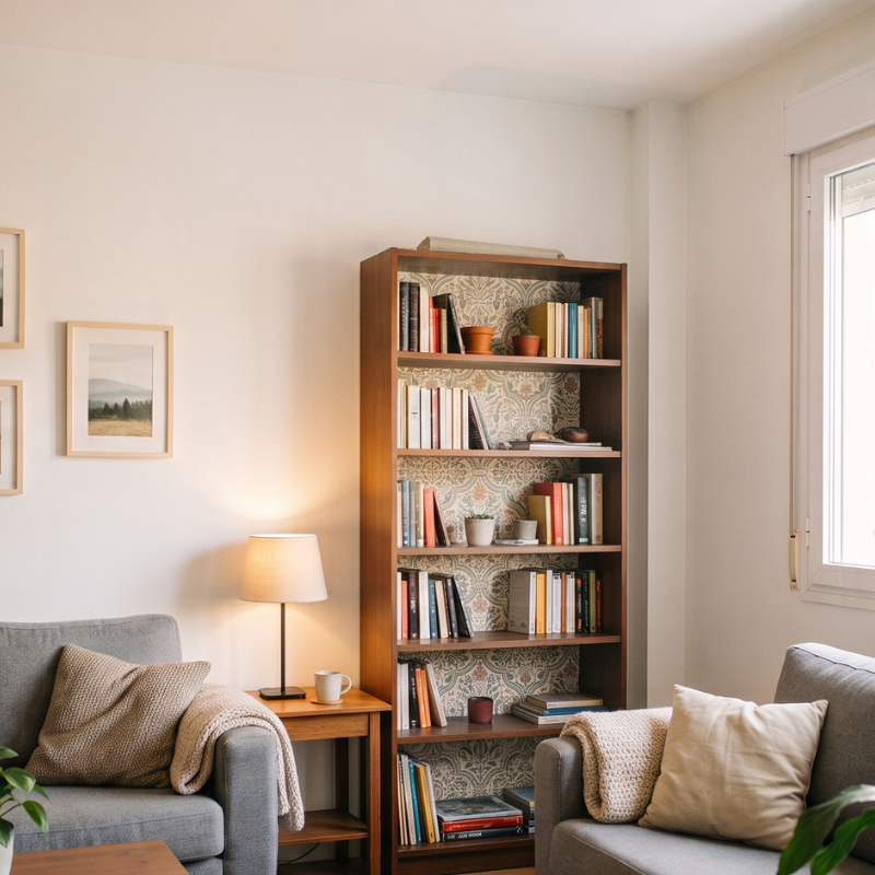 15 ideas de manualidades que puedes hacer en una tarde para personalizar tu casa - Fotocasa Life una estanteria personalizada añadiendo papel pintado en la parte de atrás