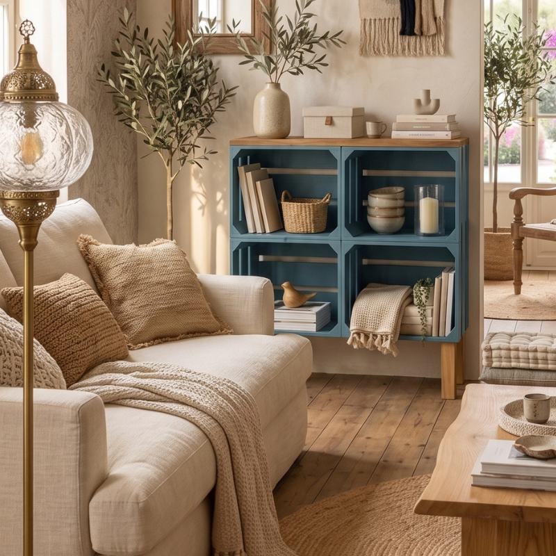 15 ideas de manualidades que puedes hacer en una tarde para personalizar tu casa - Fotocasa Life un mueble hecho con cajas de frutas pintada