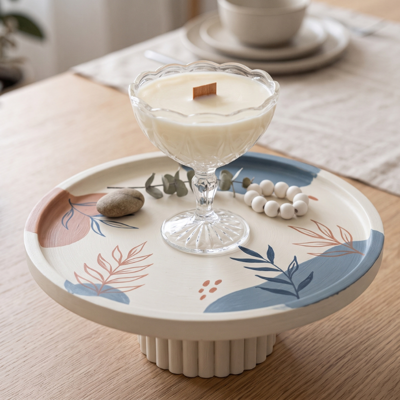 15 ideas de manualidades que puedes hacer en una tarde para personalizar tu casa - Fotocasa Life centro de mesa con una bandeja pintada y una vela bonita