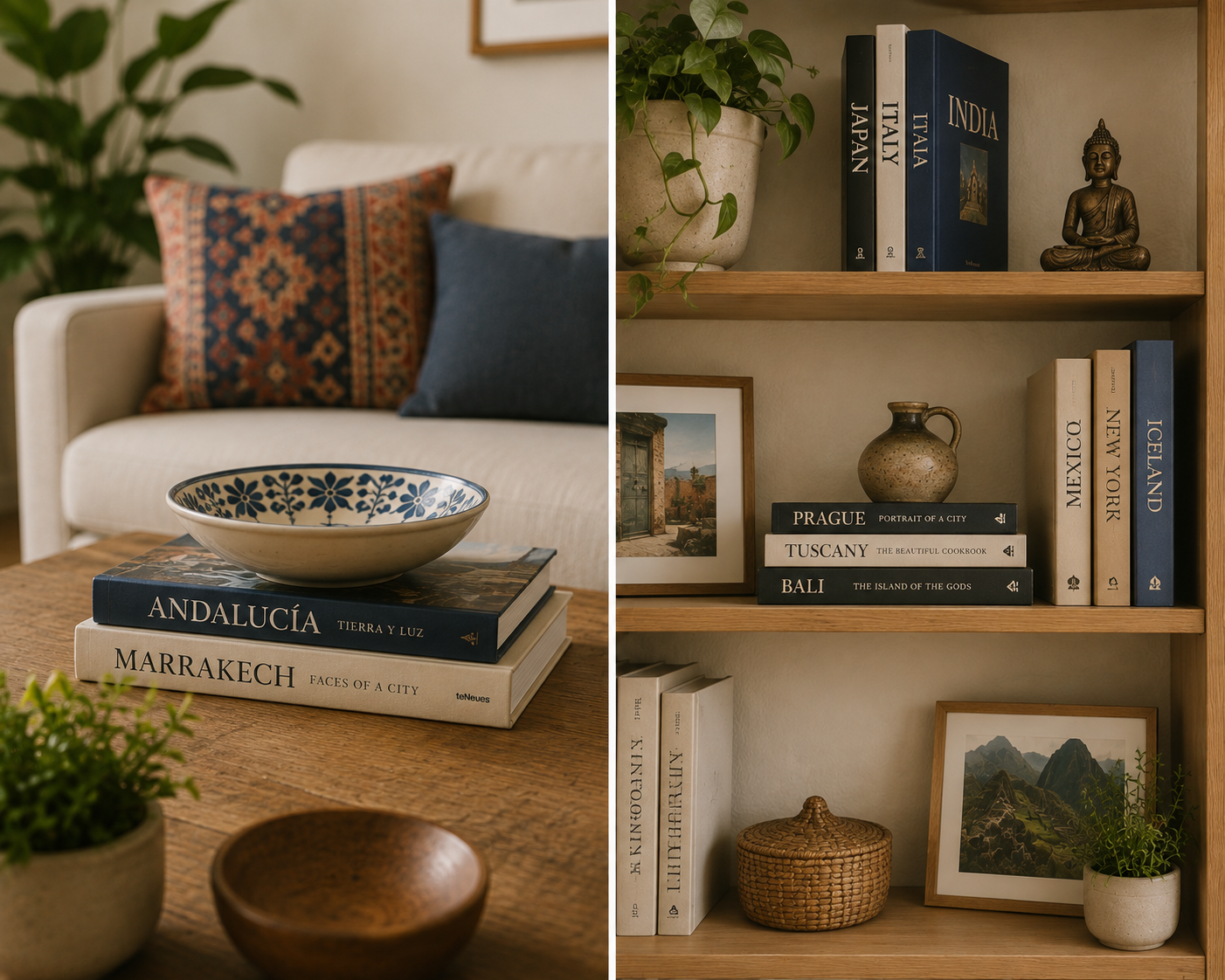 Libros de viajes decorando una mesa de centro y una librería