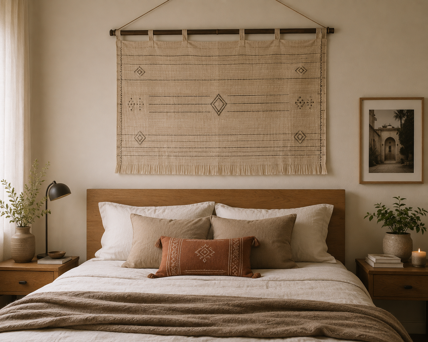 Textil de viaje colocado como cabecero decorativo en un dormitorio