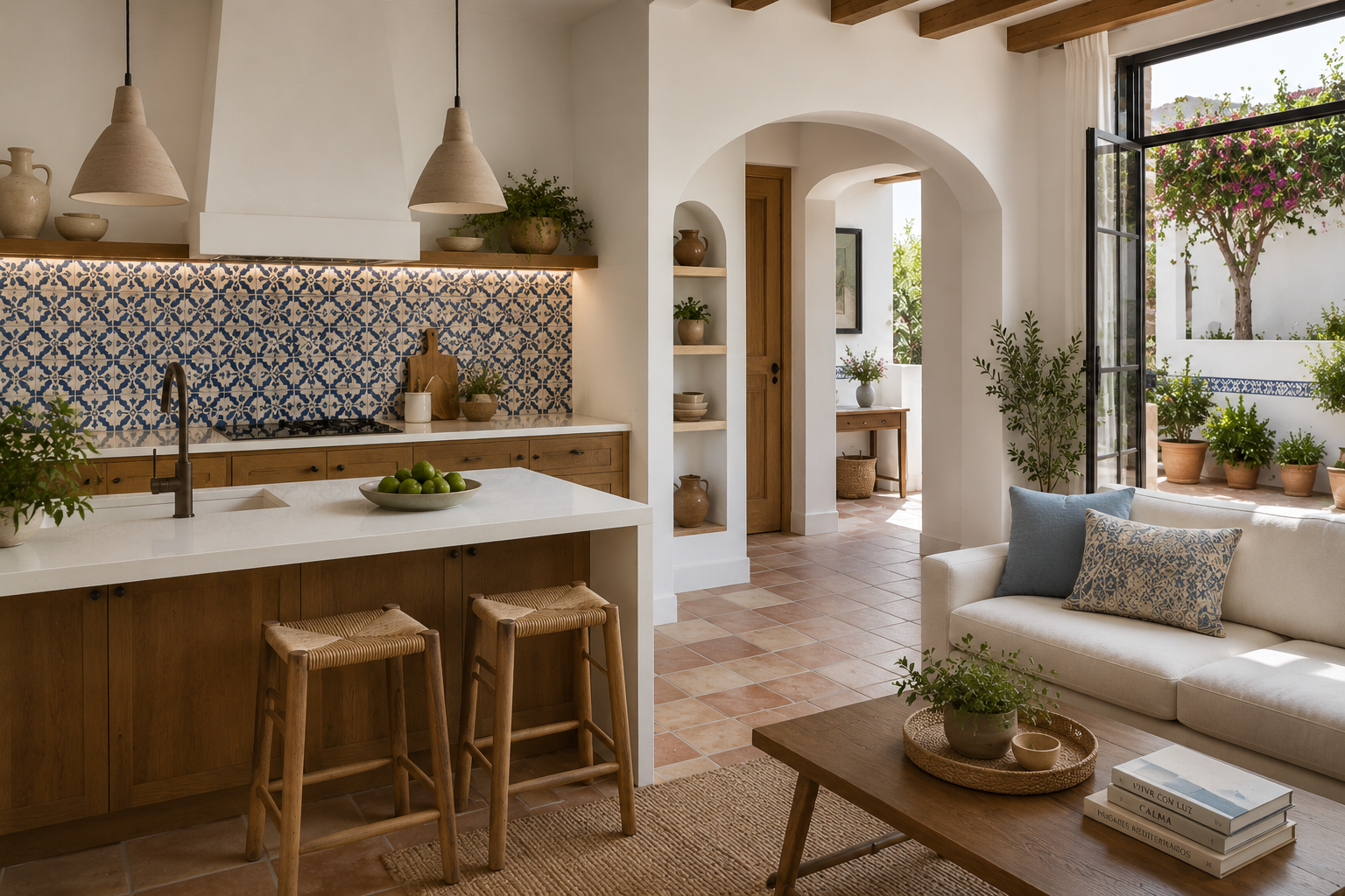 Cocina moderna con azulejos andaluces en tonos azules y blancos {IA}