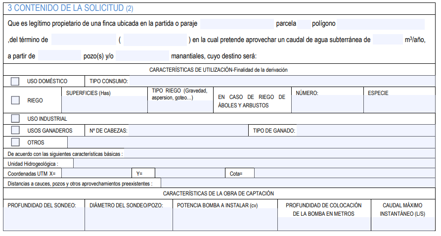 Formulario de solicitud de aprovechamiento de aguas subterráneas de nueva implantación para caudal inferior a 7000 m3/año