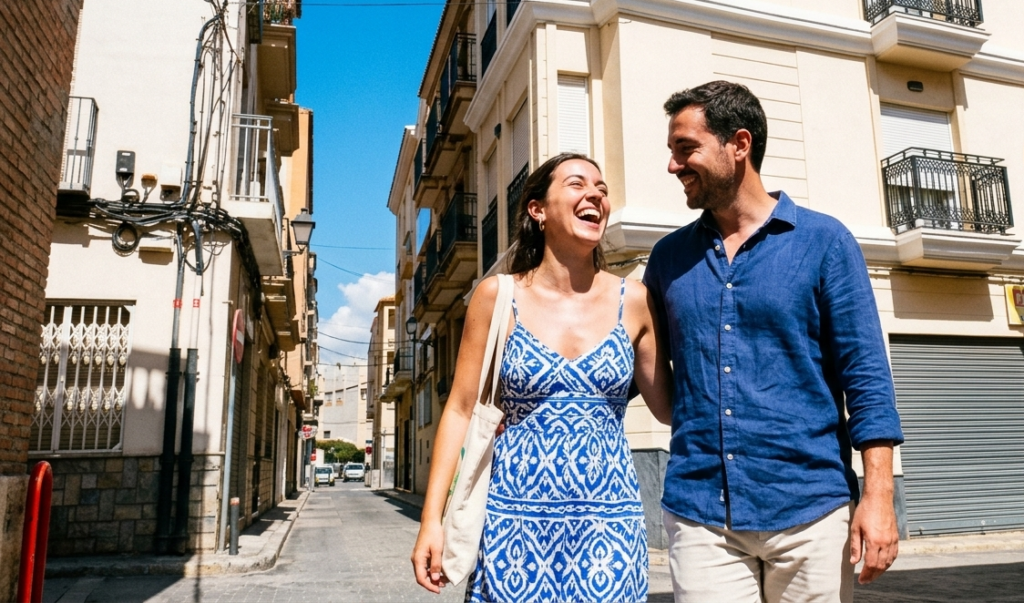 Una pareja pasea por un pueblo similar a Callosa de Segura