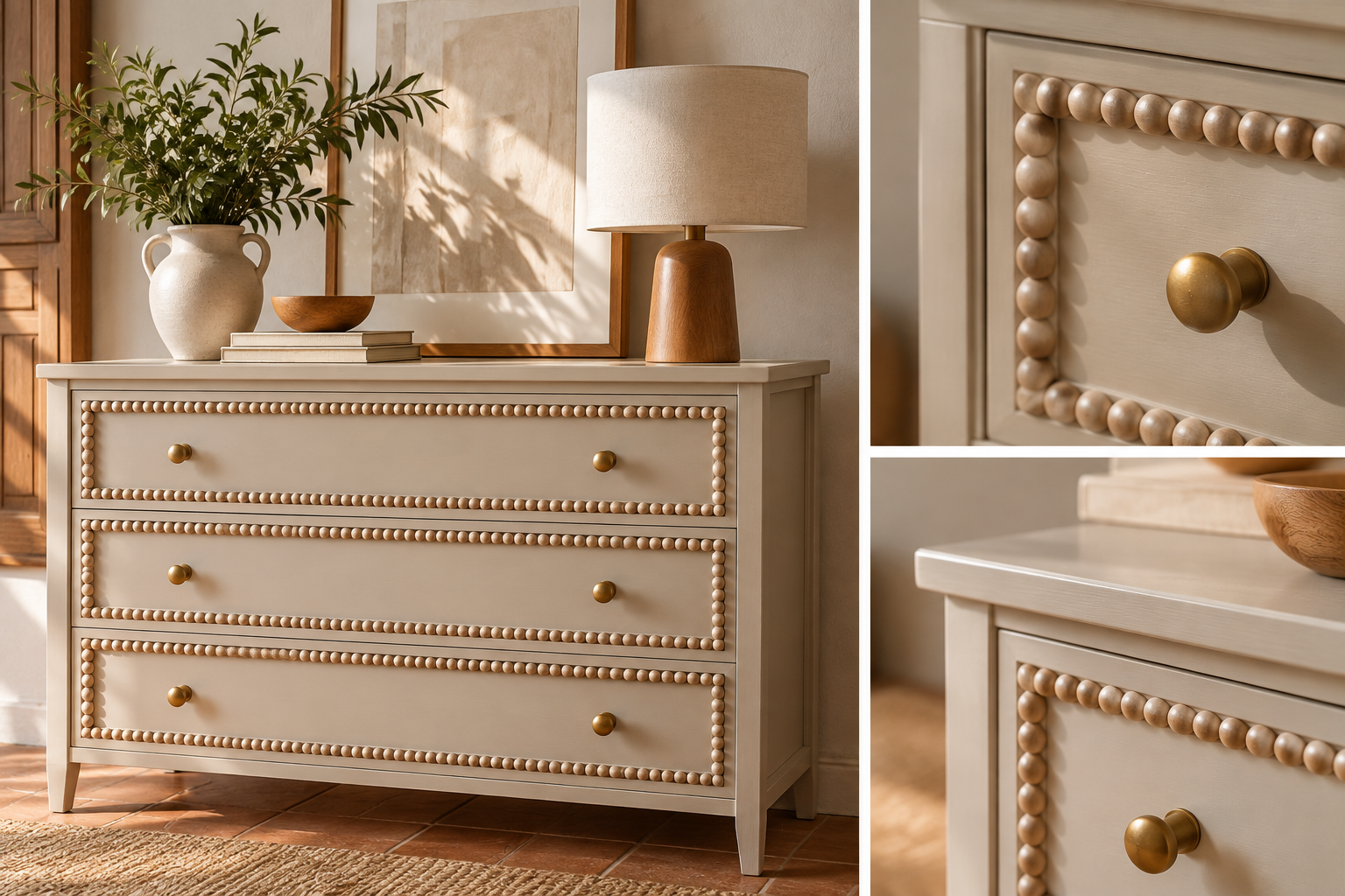 Mueble personalizado con abalorios de madera alrededor de los cajones {IA}