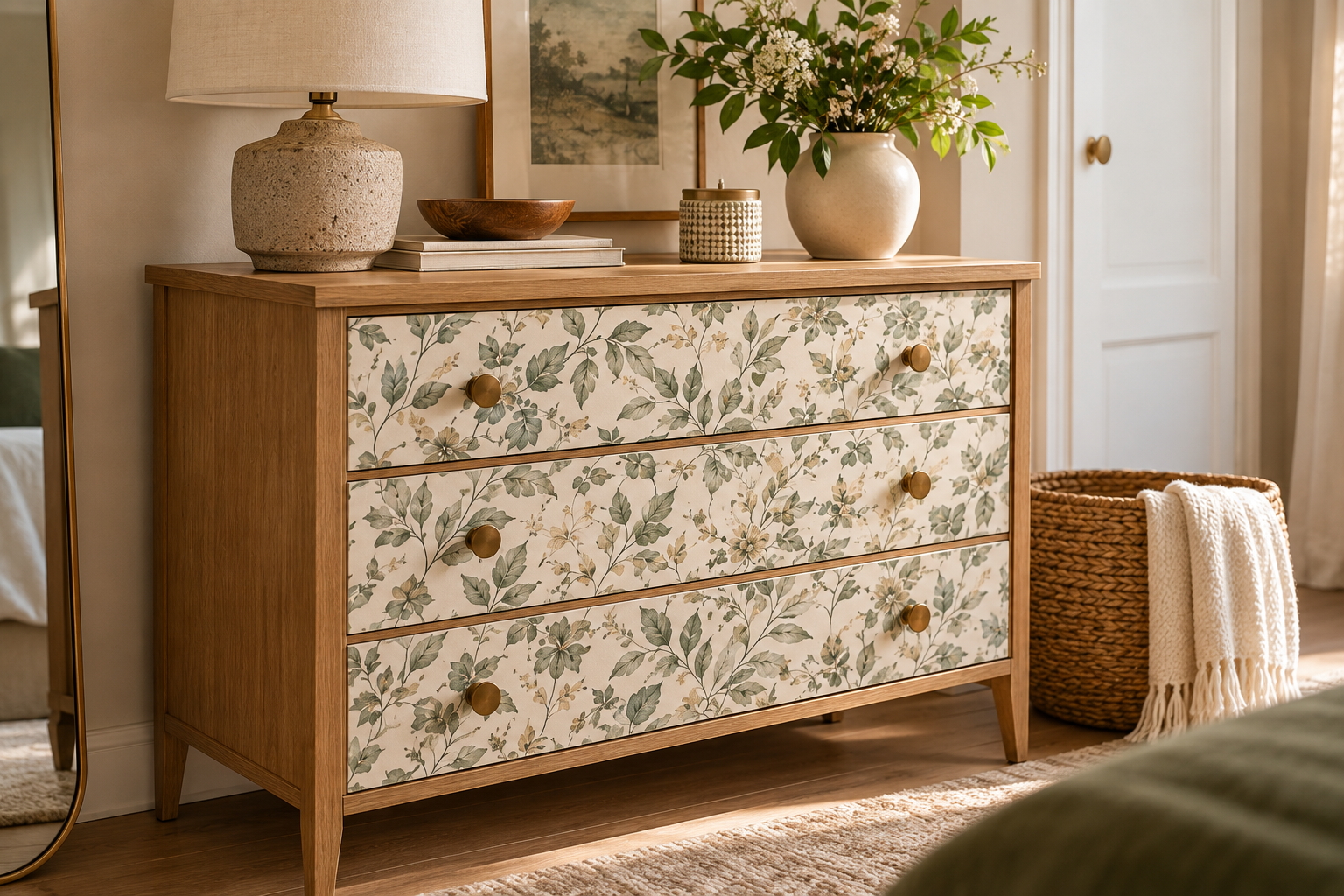 Mueble personalizado con papel pintado floral en los cajones {IA}