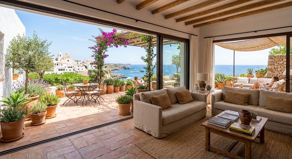 Diseño biofílico con salón abierto a terraza mediterránea {IA}