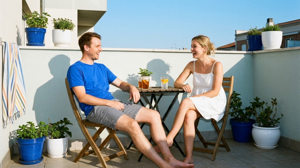 Una pareja que ha decidido comprar una casa habla en su terraza