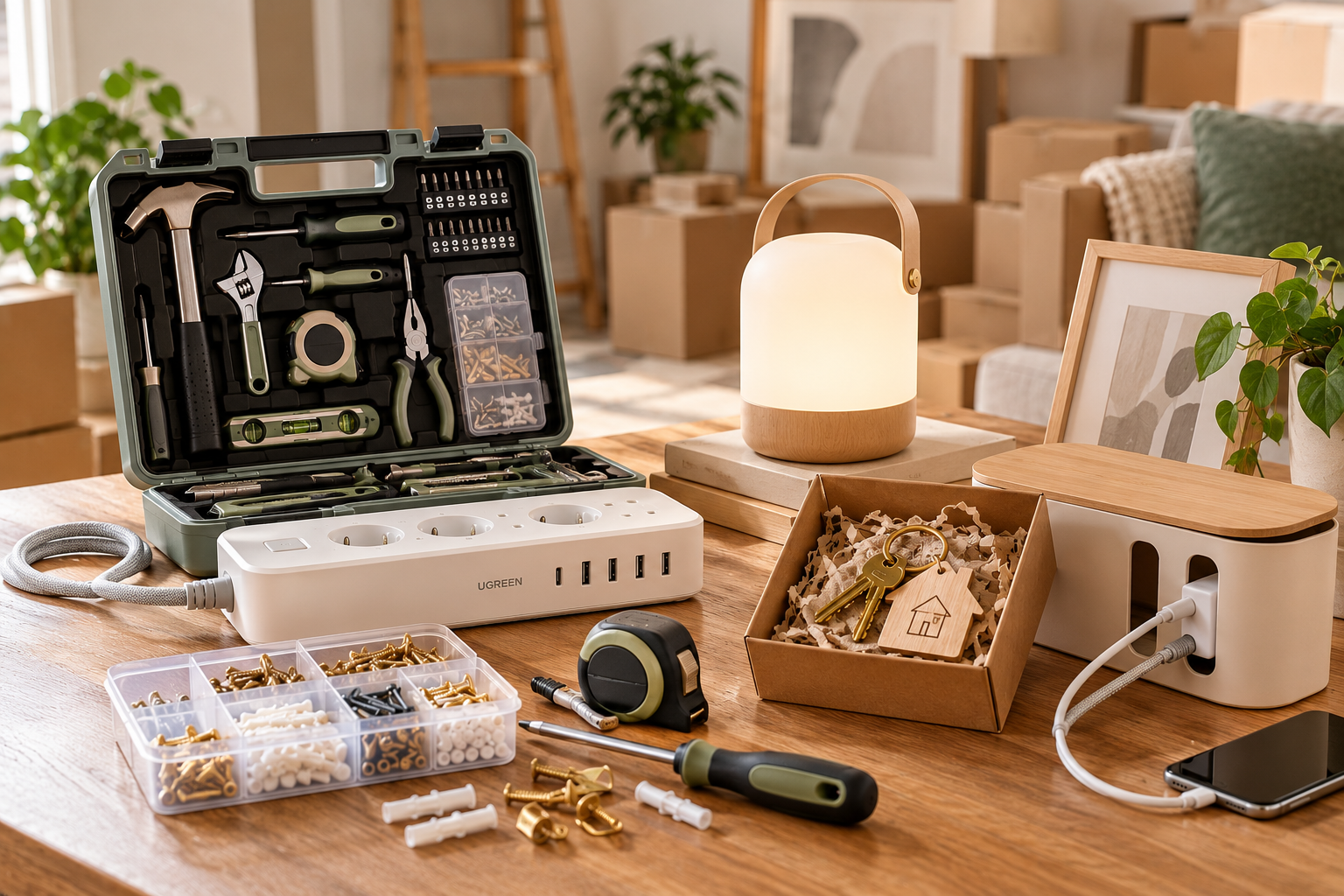 Regalos prácticos para una amiga que se acaba de mudar, con kit de herramientas, lámpara y organizadores {IA}